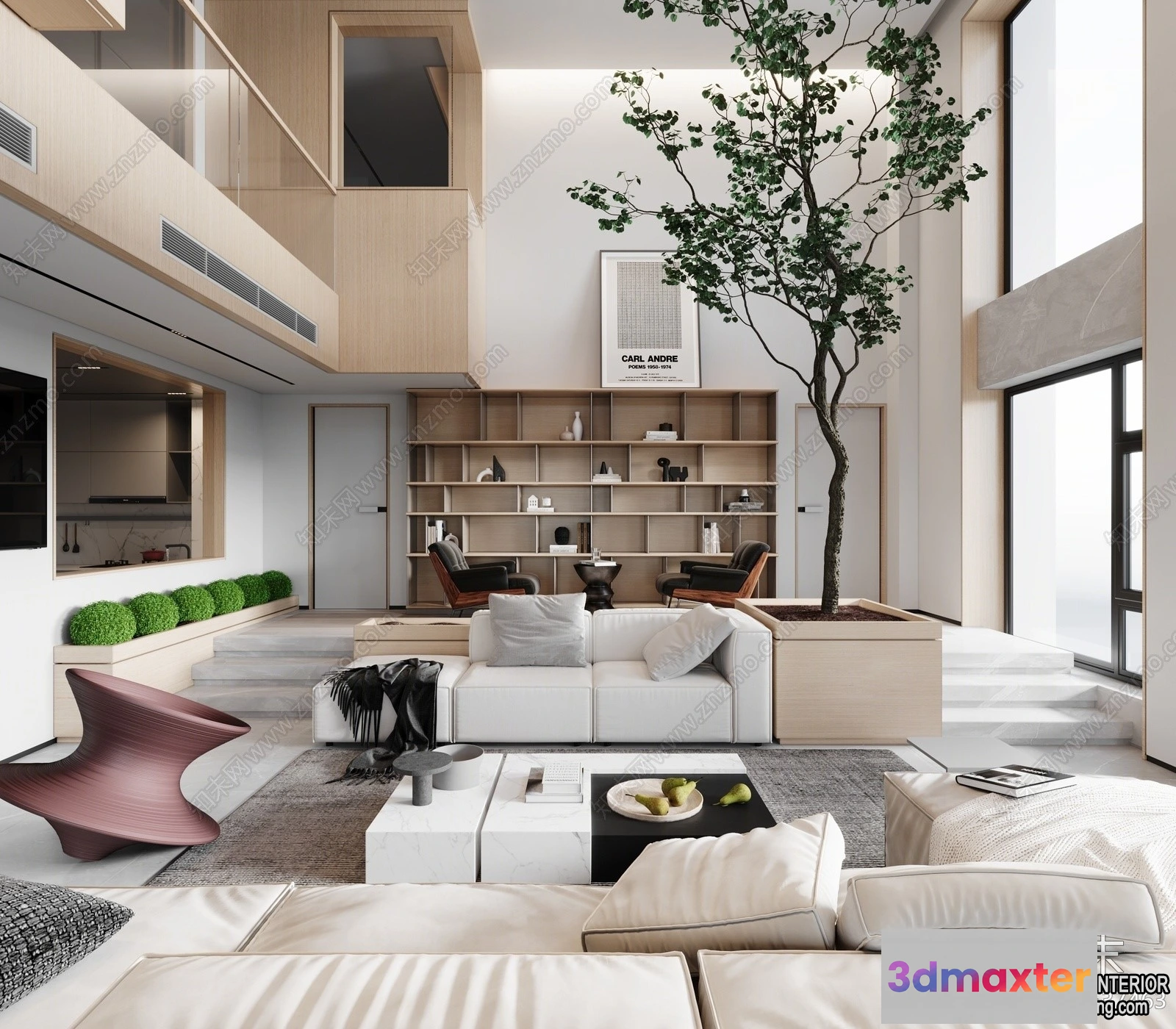 پیشنهاد طراحی داخلی یک فضای نشیمن با استفاده از Interior3D، نشان‌دهنده ترکیب مبلمان و نورپردازی پیشرفته