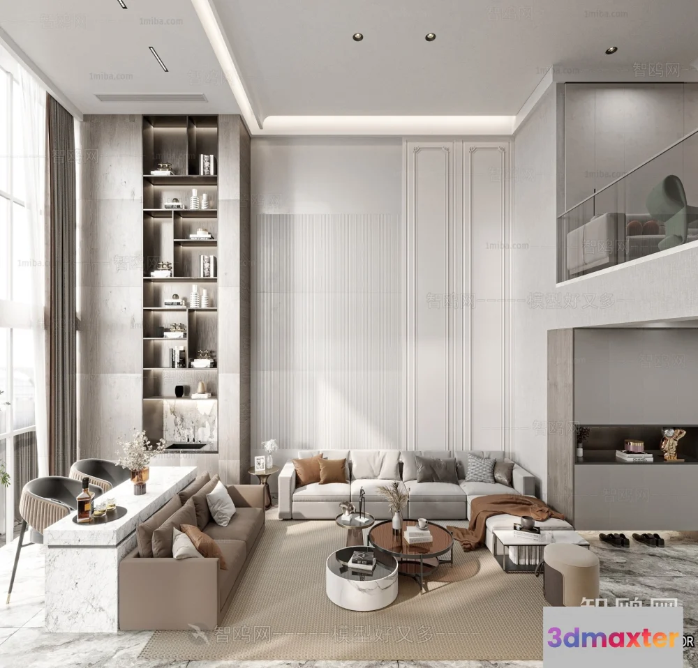 نمای داخلی یک آشپزخانه مدرن در قالب طراحی سه‌بعدی با Interior3D، نمایش ترکیب رنگ‌ها و مواد مختلف