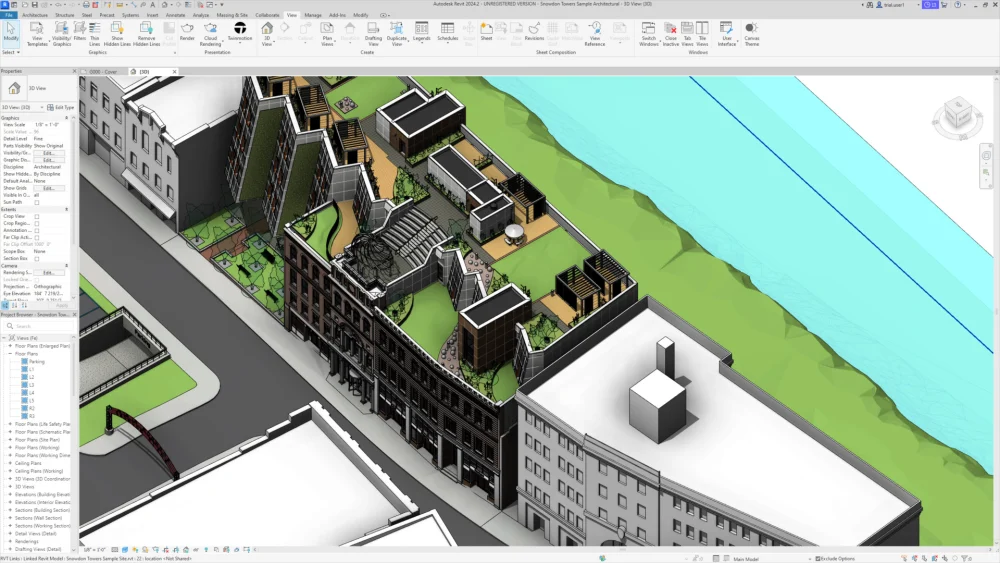 نمای کلی مدل سه‌بعدی معماری در Revit با جزئیات دقیق