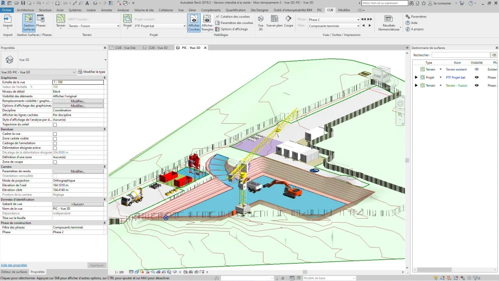 نمای ۳بعدی پروژه ساختمانی در Revit با تنظیمات نور و سایه