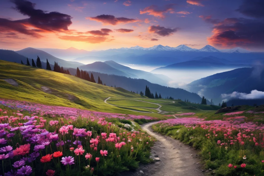 منظرهٔ طبیعی با درختان و گلهای رنگارنگ در طراحی سهبعدی فضای سبز