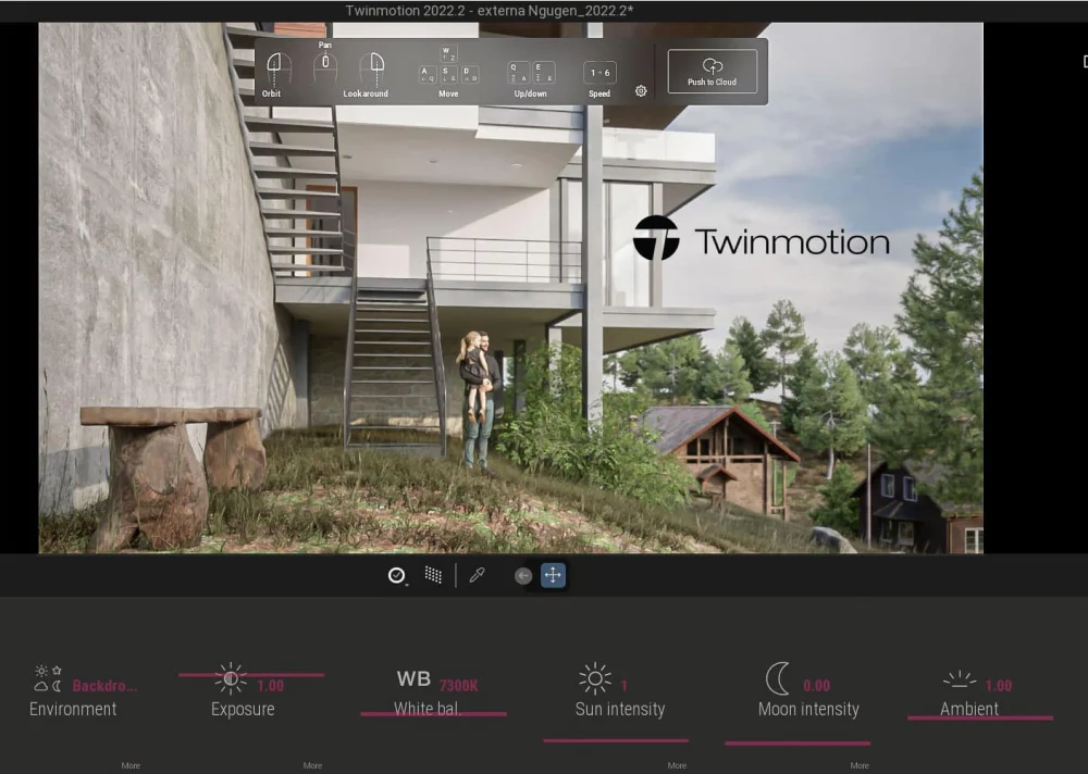صحنهٔ بیرونی یک پروژه مسکونی در Twinmotion با نور طبیعی و افکتهای آب و هوایی