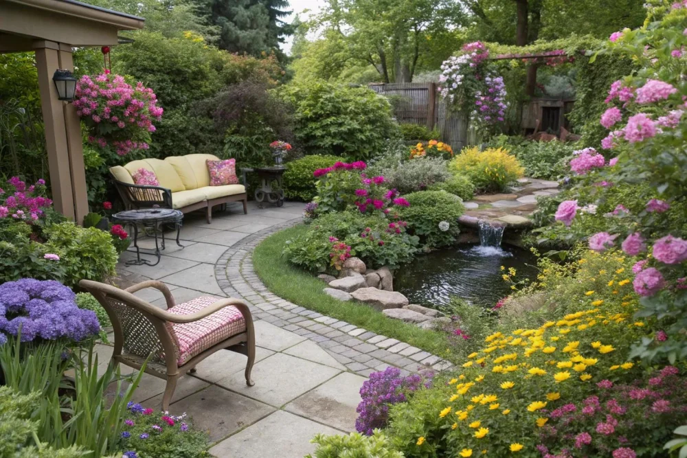 نمای باغ پشت خانه با ترکیب گیاهان زینتی و فضای نشیمن outdoor