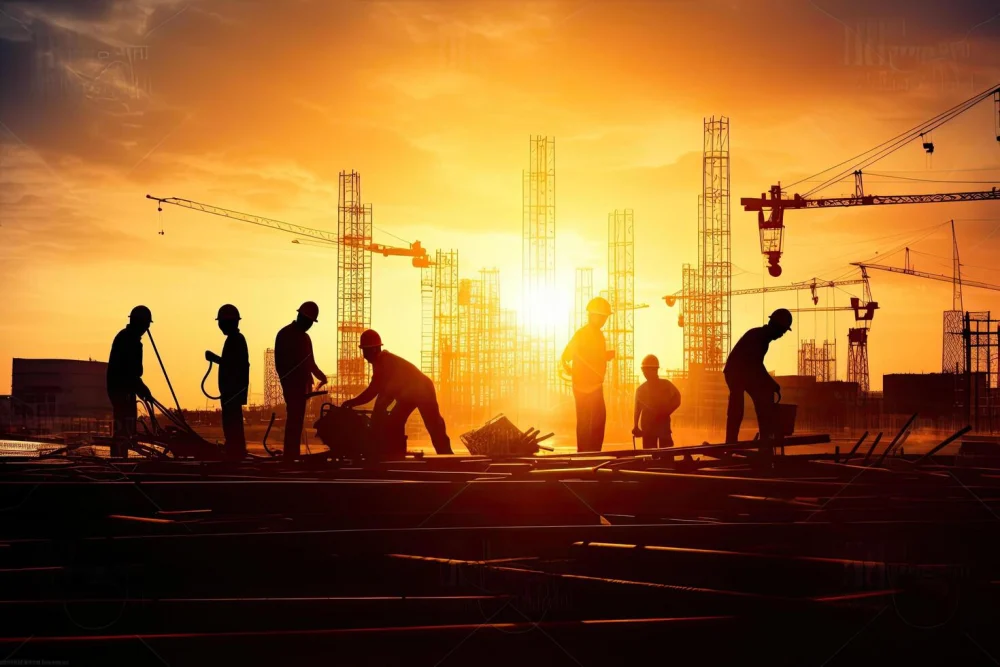 مهندس و کارگر در یک سایت ساخت و ساز، نمایش همکاری تیمی با استفاده از مدل سهبعدی