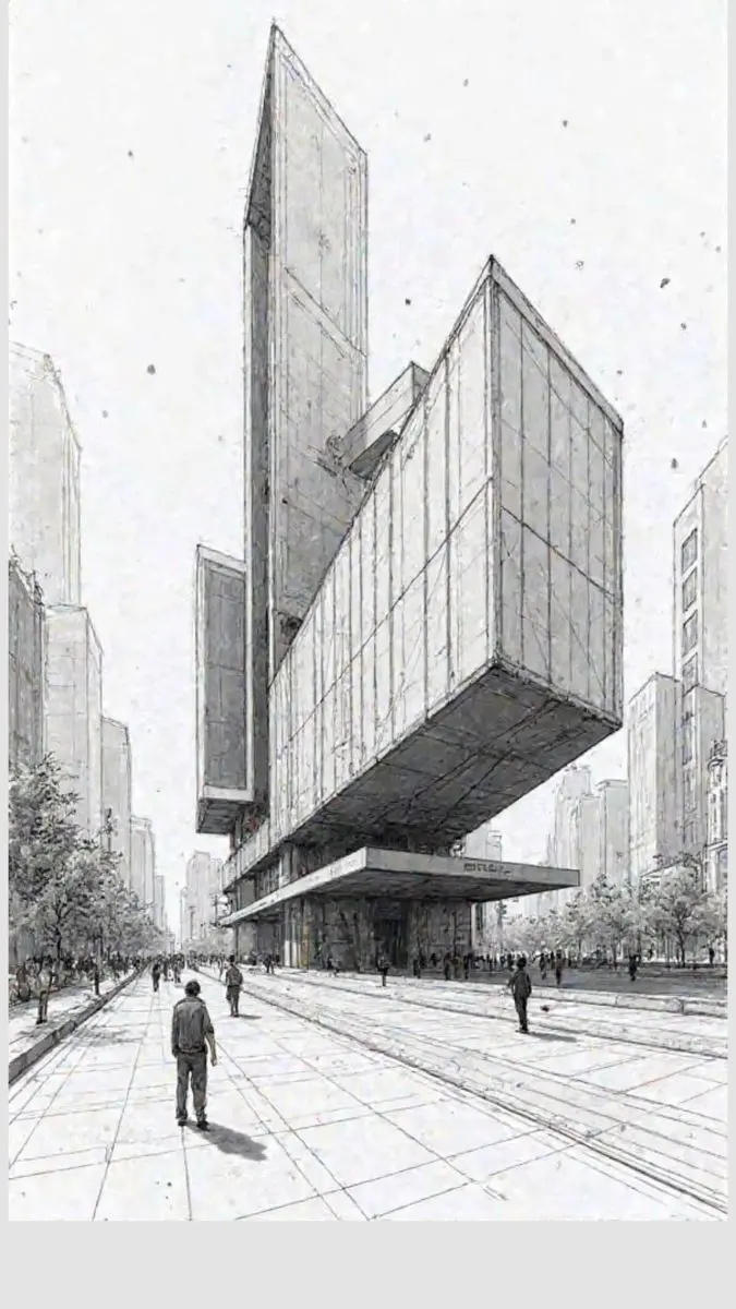 نمونه اسکیس معماری مدرن با خطوط ساده و فرمهای هندسی