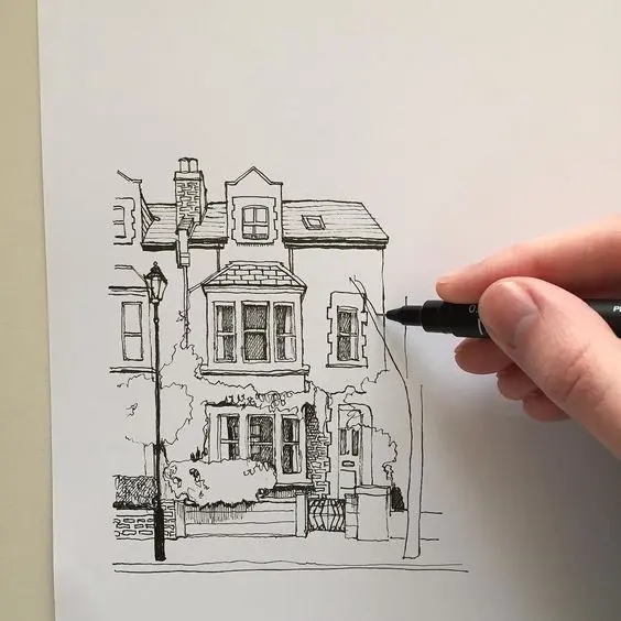 نمونه‌ای از طراحی دست‌نویس معماری با خطوط آزاد و خلاقانه