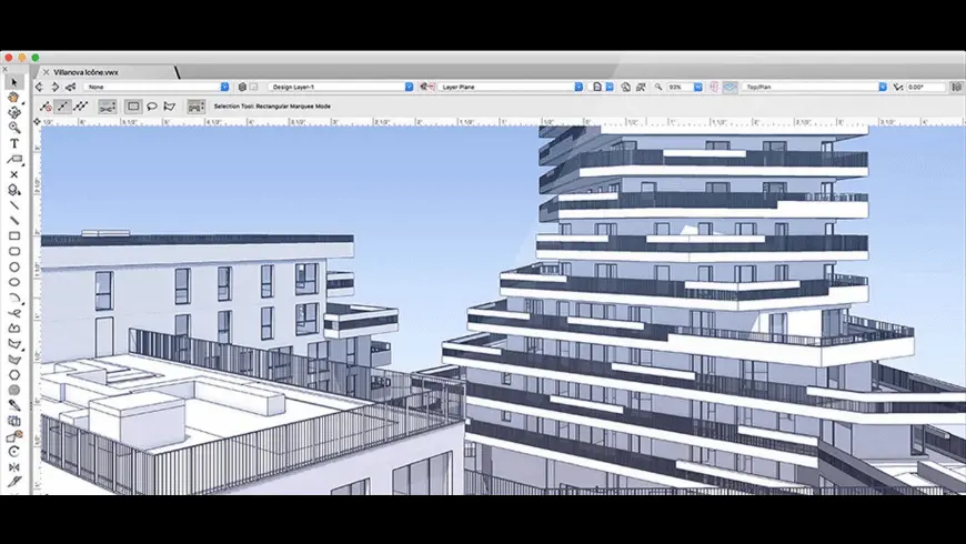 نمونه‌ای از رابط کاربری و ابزارهای طراحی در نرم‌افزار Vectorworks