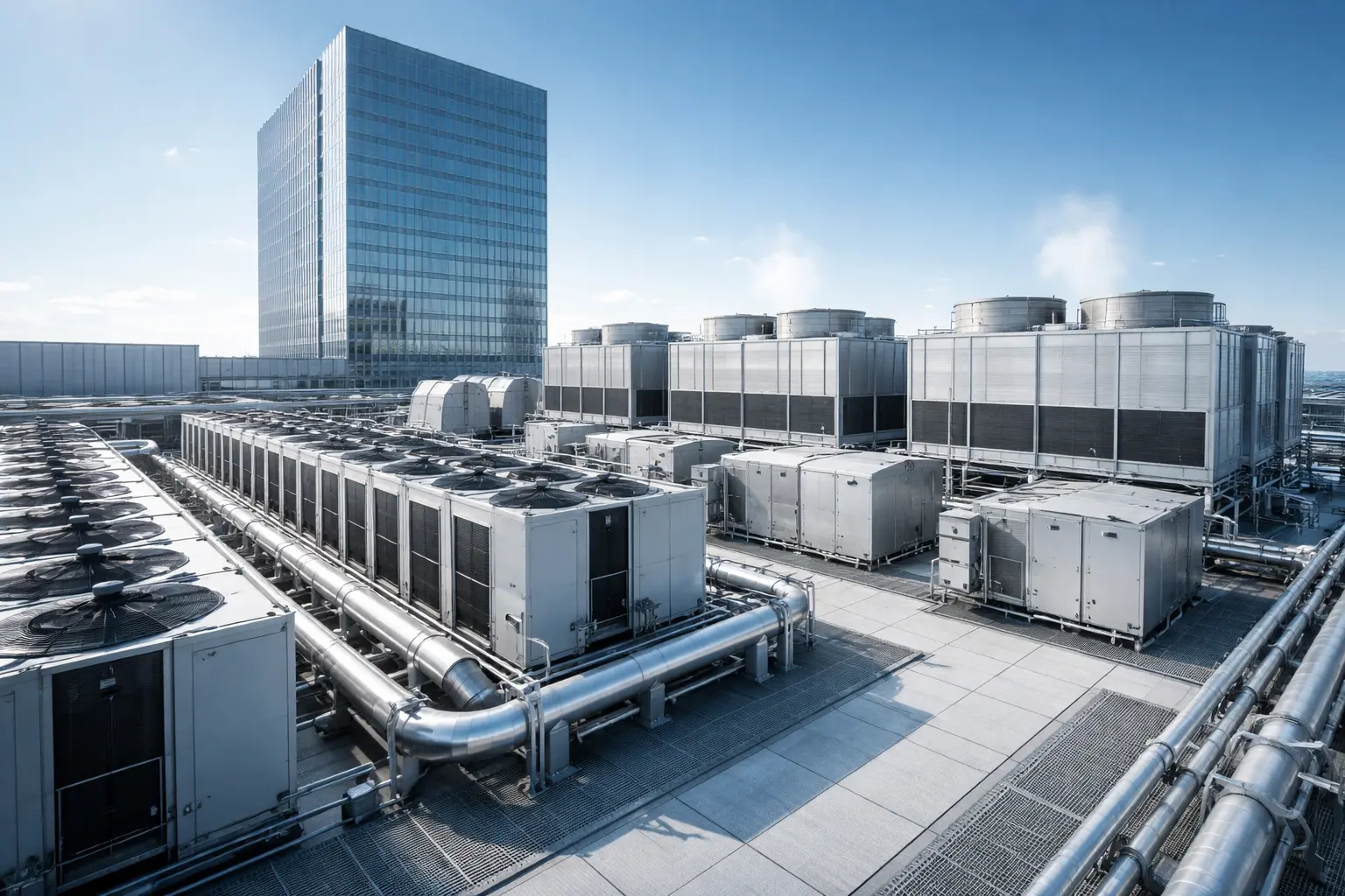 نمونه طراحی سیستم HVAC در یک ساختمان مدرن با نمایش لولهکشی و کانالکشی هوا